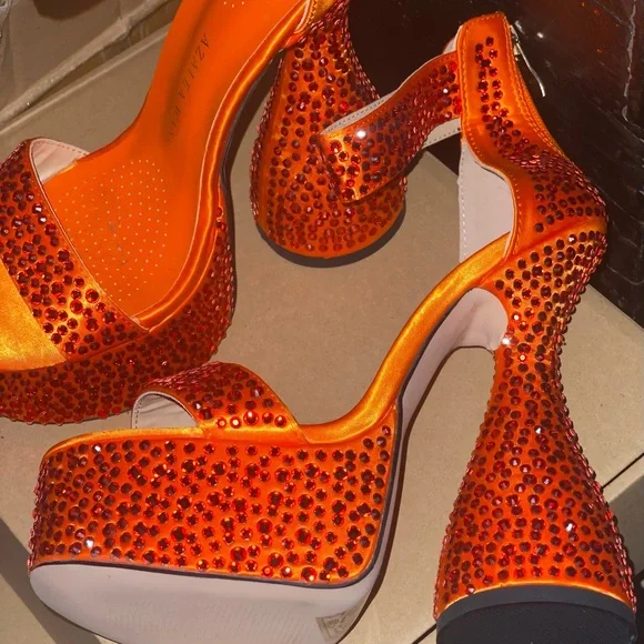 Glamorous Orange Rhinestone Platform Heels - Picture 3 of 10